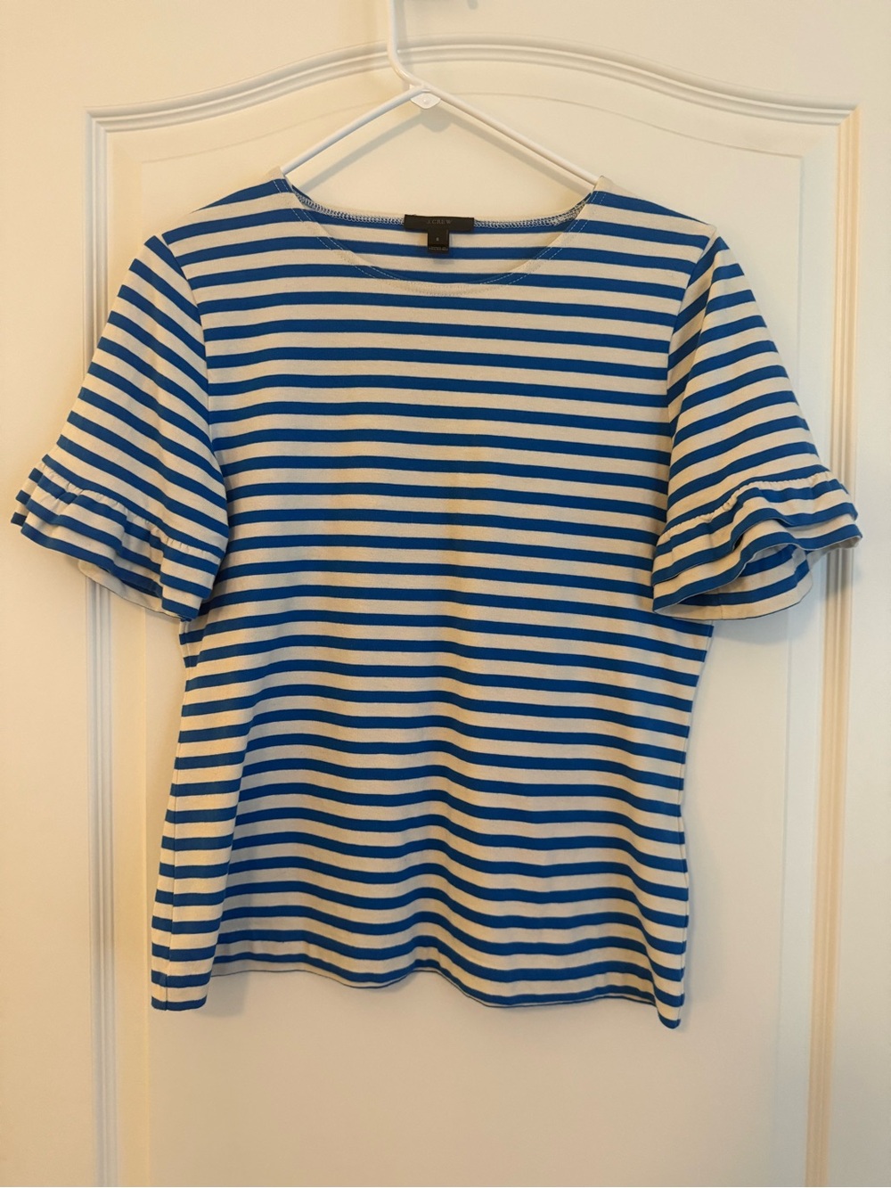 J. Crew Striped Blue and White Ruffle Sleeve Womenโs Small Top